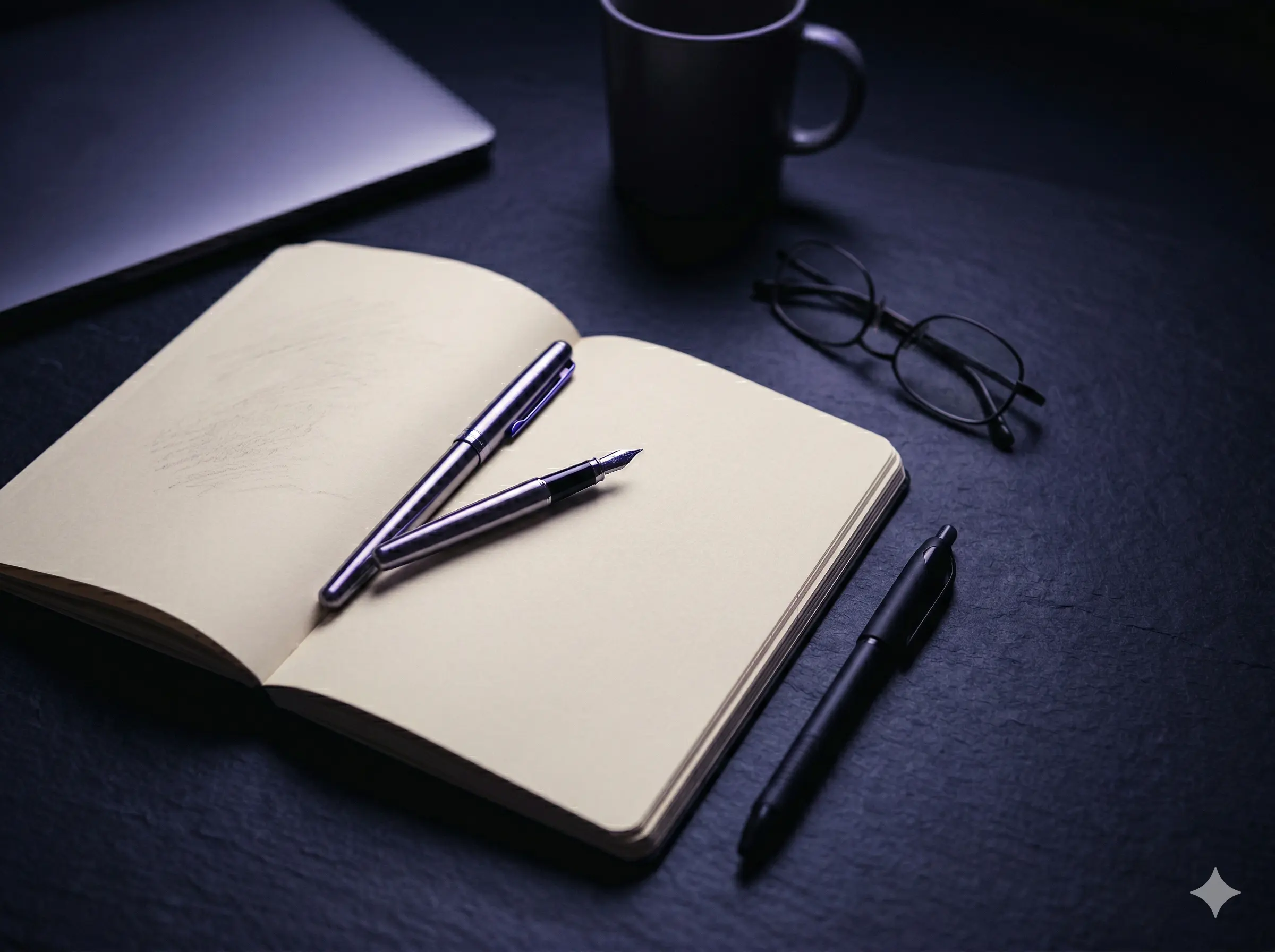 Notebook and pen on a wooden desk, suggesting focused writing
