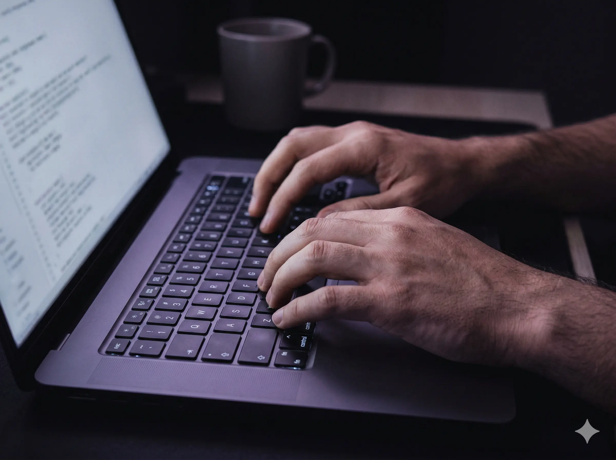 Hands typing on a laptop keyboard, keyboard-first workflow